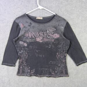 Blue Canyon Clothing Shirt Womens Large Black Rhinestone 3/4 Sleeve Roses Floral